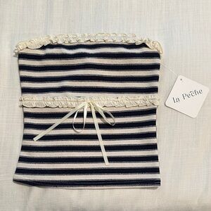 la Pêche Striped Strapless Tube Top in Navy & Cream